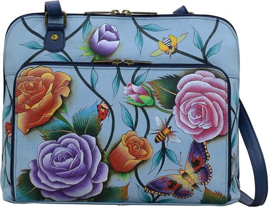 Anuschka Hand Painted Leather Women's Large All Round Zippered Organiser Cross-Body | Roses D’Amour