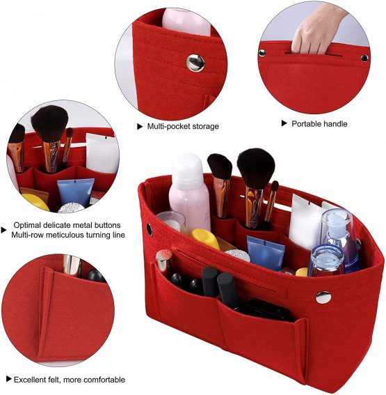 Felt Handbag Organiser Multi-Pocket Insert Tidy Pocket Purse Cosmetic Storage Bag for Women Red - Image 2