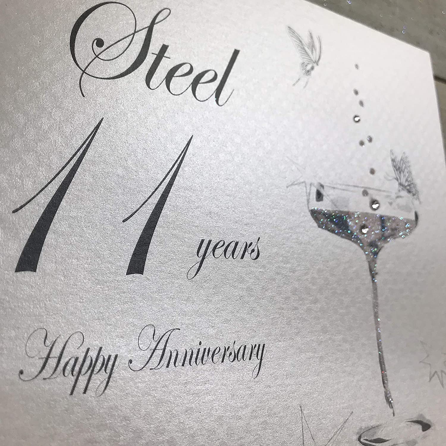 White Cotton Cards BD111C Coupe Glass "Happy Anniversary 'Steel' 11 Years" Handmade Anniversary Card, White - Image 2