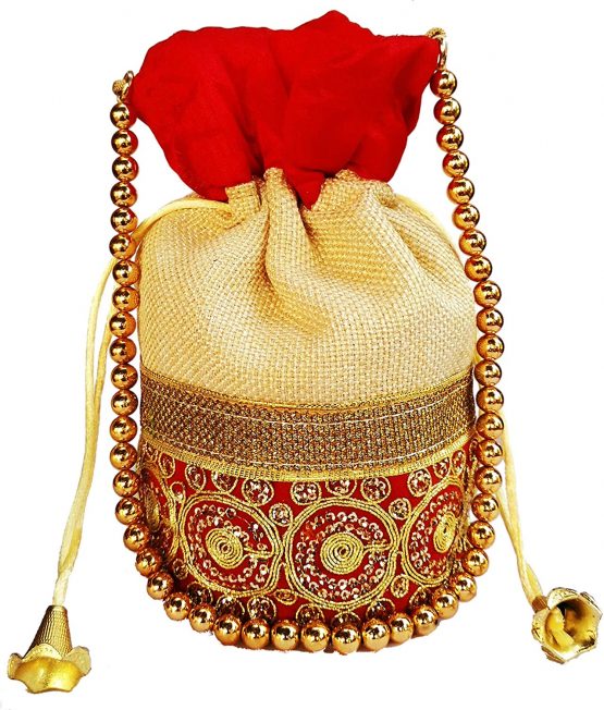 Purpledip Rich Velvet & Jute Potli Bag (Clutch, Drawstring Purse, Evening Handbag) For Women With Gold Embroidery Work and Golden Beads String, Red (11477)