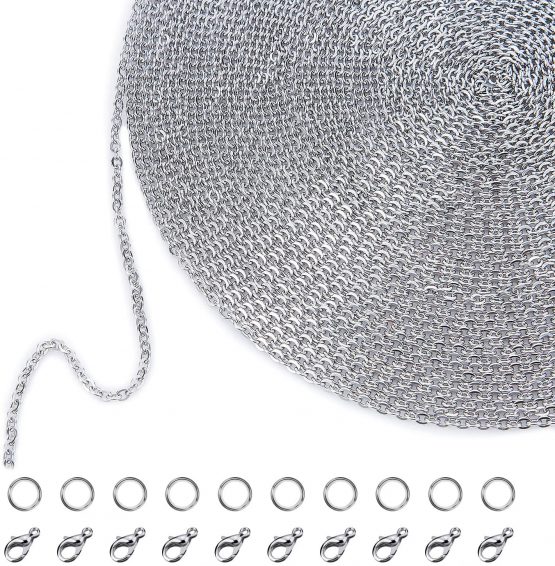 33 Feet Stainless Steel DIY Link Chain Necklaces with 20 Lobster Clasps and 30 Jump Rings for Jewelry Making (1.5 mm)