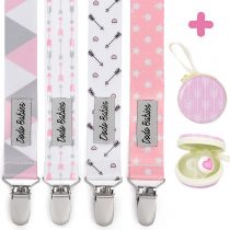 Dodo Babies Dummy Clips – 4 pcs Pacifier Clips with Dummy Holder – Modern Dummy Clip Pack for Girls – Premium Nursery Accessories - Universal Holder Leash for Teething Toy or Soothie