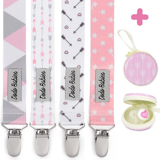 Dodo Babies Dummy Clips – 4 pcs Pacifier Clips with Dummy Holder – Modern Dummy Clip Pack for Girls – Premium Nursery Accessories - Universal Holder Leash for Teething Toy or Soothie
