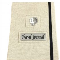 Travel Journal with pewter globe design, A5 size with 120 lined pages, complete with a smart drawstring canvas bag.