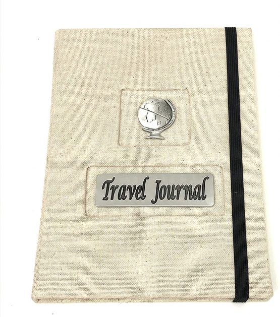Travel Journal with pewter globe design, A5 size with 120 lined pages, complete with a smart drawstring canvas bag.