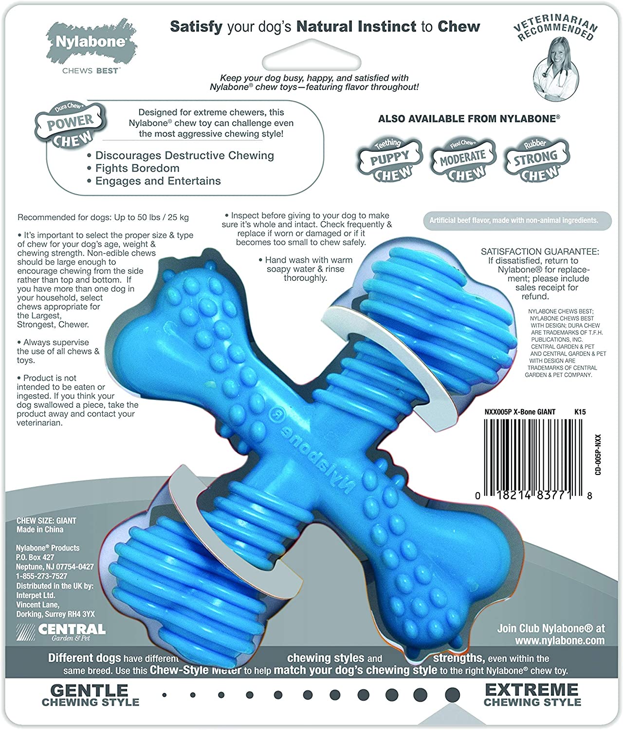 Nylabone Extreme Tough Dog Chew Toy XBone, Durable, Cleans Teeth, Beef