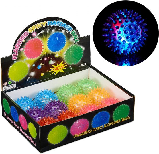 Relaxdays Set of 12 LED Spiky Massage Balls, Flashing Bouncy-Balls with Nubs, Stress Relief, Soft, Squeezy, Diff. Colours