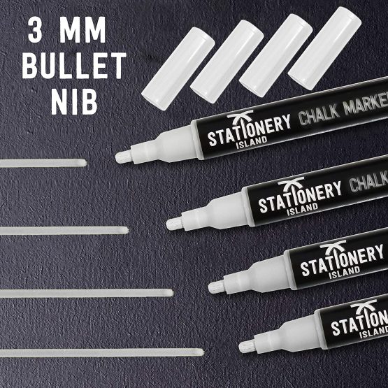 Stationery Island D30 White Chalk Pens - 3mm - Pack of 4 - Fine Bullet Nibs - Dry Wipe Erase Liquid Markers - For Glass, Mirrors, Windows, Whiteboards, Signs and Nonporous Blackboards - Image 3