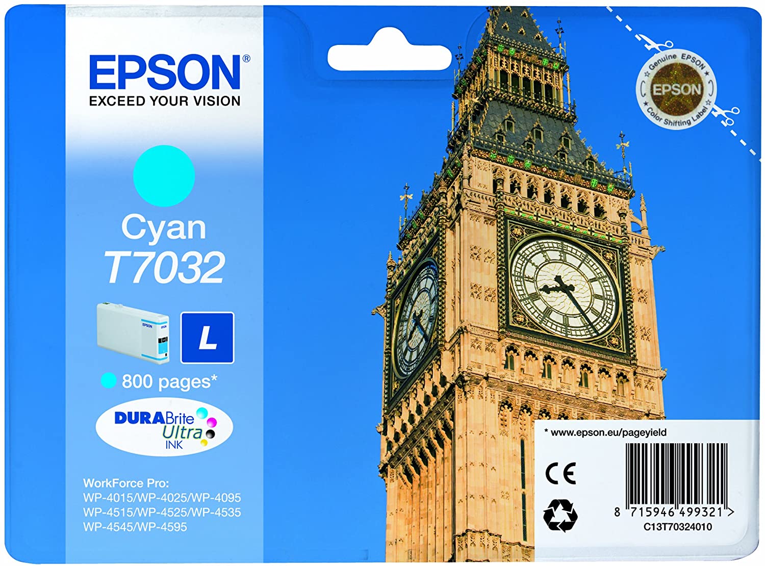 Epson T7032 Big Ben Cyan Genuine, Ink Cartridge DuraBrite Ultra