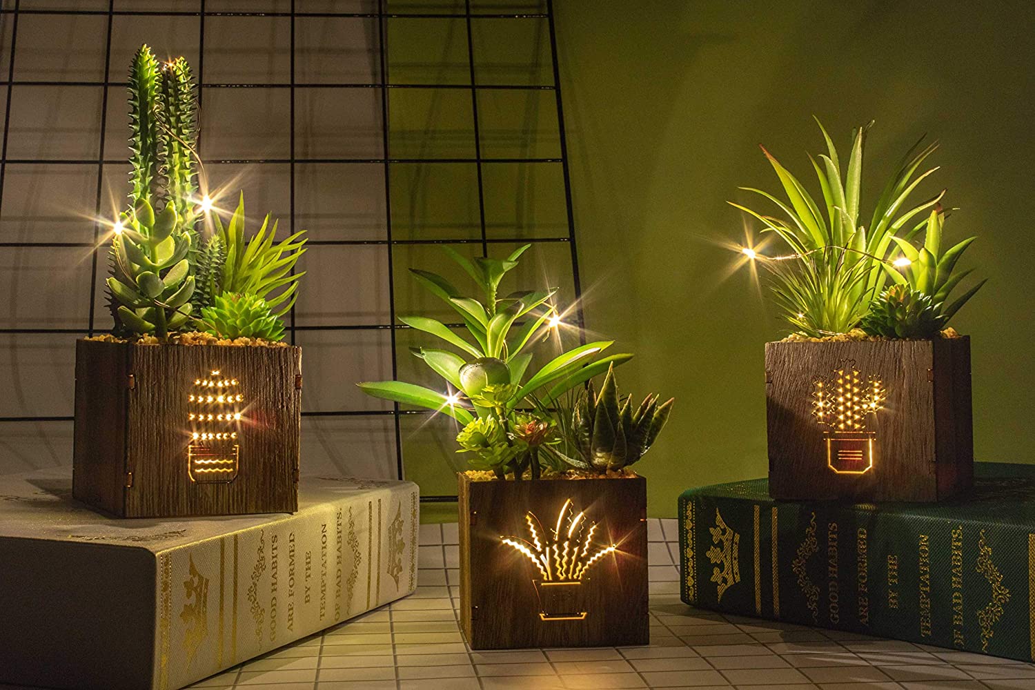 BEGONDIS Set of 3 Artificial Succulents with Led Lights in Wooden Box