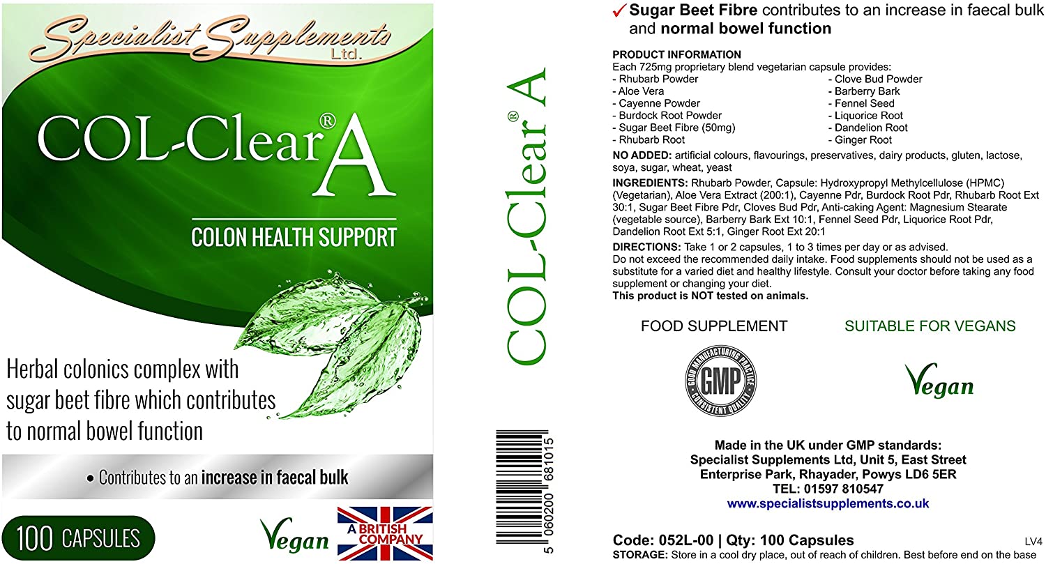 Specialist Supplements COL-Clear A Colon Health Support 100 Capsules Pack of 1, Herbal, 100 count (Pack of 1) - Image 2