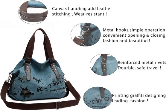 Chikencall Women Ladies Bags Casual Vintage Hobo Canvas Mulit-Pocket Daily Purse Messenger Top Handle Shoulder Large Tote Shopper Handbag Shopping Graffiti European Style Bags - Image 4