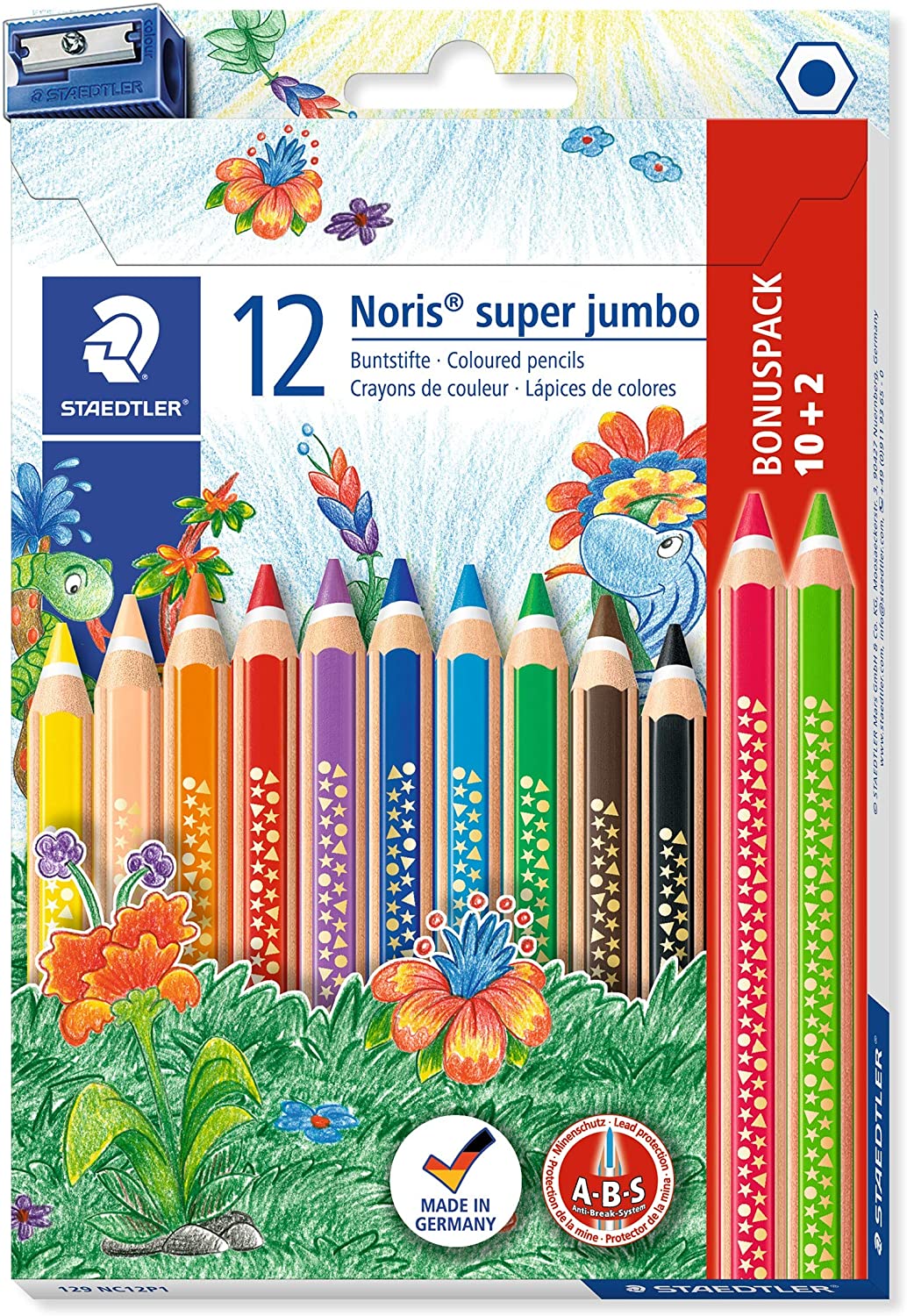 Staedtler 129 NC12P1 Colored Pencil Noris Super Jumbo, Yellow,Orange,Blue,Green,White,Brown,Red,Black,Burgundy,Purple