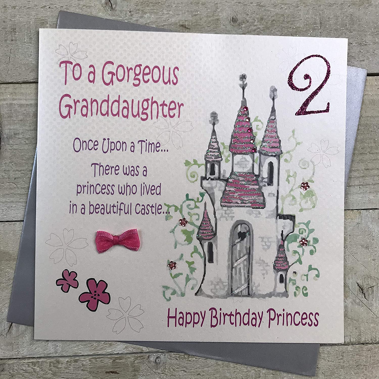 White Cotton Cards Large"to a Gorgeous Granddaughter Once a Upon a Time 2…Happy Birthday Princess" Handmade Card, XGL4-2,grey