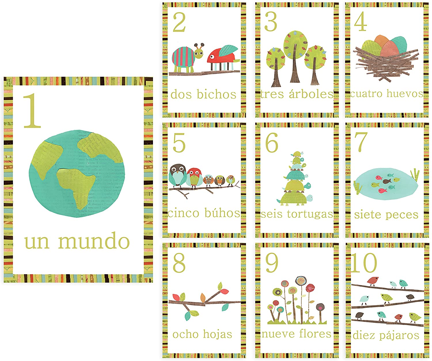 Children Inspire Design Spanish Number Woodland Counting Wall Cards, Set of Ten 5x7 Nature Themed Wall Art Prints