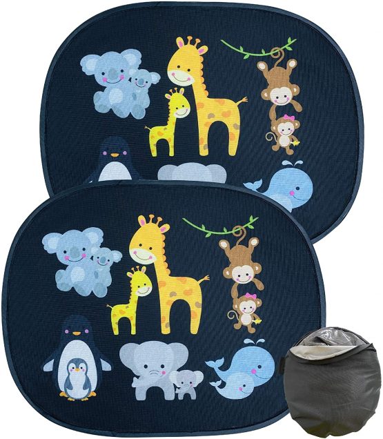 HECKBO® - self-adhesive car sun shade - car sun protection for babys and children [2 pieces] | motif: baby animals mum | 17.32" x 14.17" | car window, sun protection + free bag