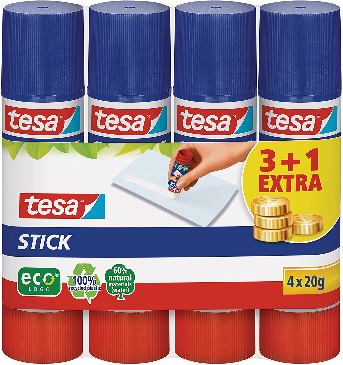 tesa UK 4 x 20 g Glue Stick ecoLogo, Solvent-Free and Washable, Blue, 4 x 20g