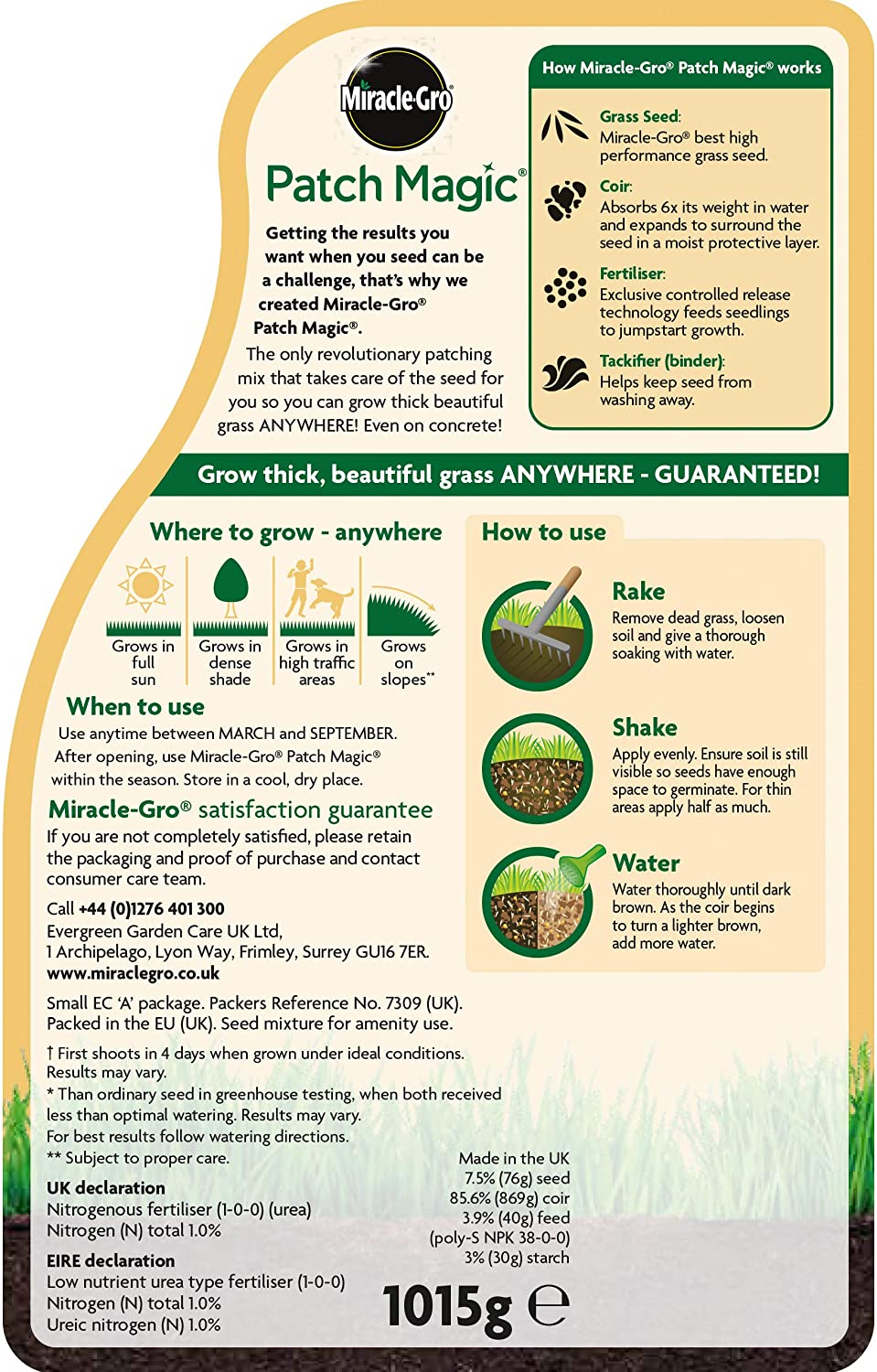 Miracle-Gro Patch Magic Grass Seed, Feed and Coir, 1015 g, Green, 1 kg - Image 3
