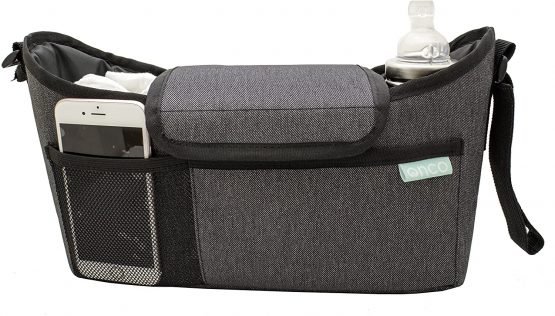 Onco Pram Organiser - Buggy, Pushchair or Stroller Bag for Baby Essentials - Caddy Accessories with Universal Fit and Bottle/Cup Holder - Charcoal Grey