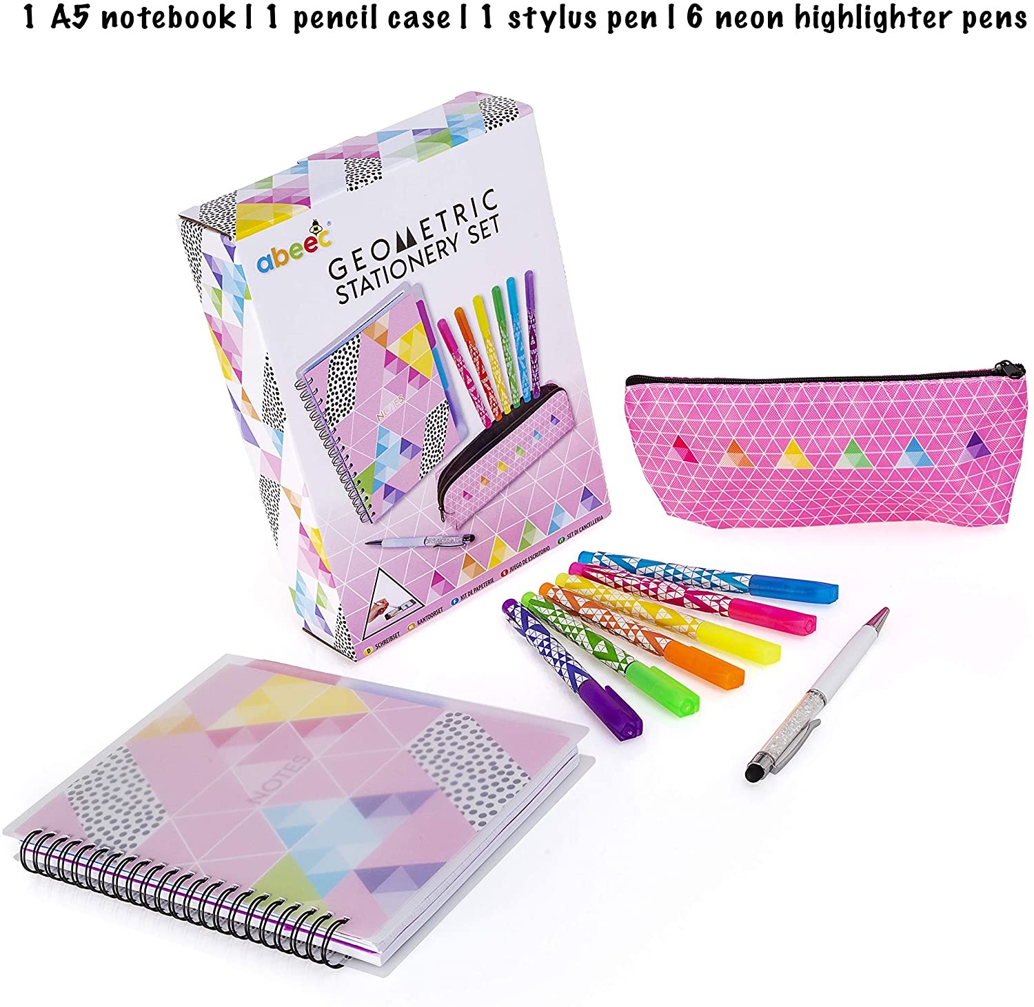 abeec Stationery Set for Girls - School Supplies for Kids - A5 Notebook, Ballpoint Pen with Stylus, Pencil Case and 6 Neon Highlighters - Image 2
