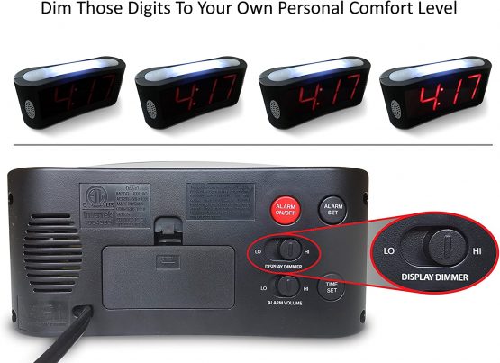 Digital Alarm Clock - Mains Powered, No Frills Simple Operation Alarm Clocks, Large Night Light, Bedside Alarm, Snooze, Non Ticking, Full Range Brightness Dimmer, Big Red Digit Display, Black - Image 3