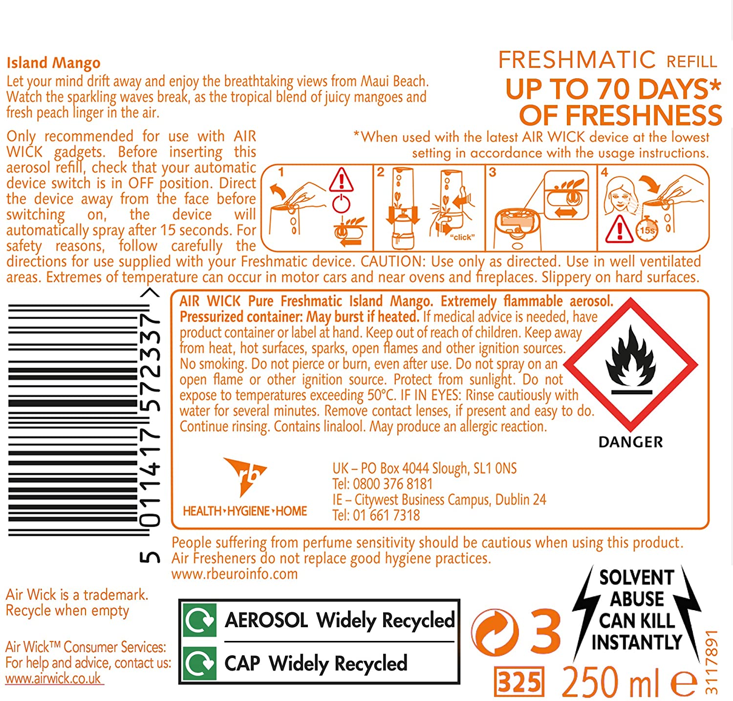 AirWick Air Freshener Freshmatic Autospray Refill, Island Mango, Multipack of 4 x 70 days, Lasts Total Up to 280 days - Image 2