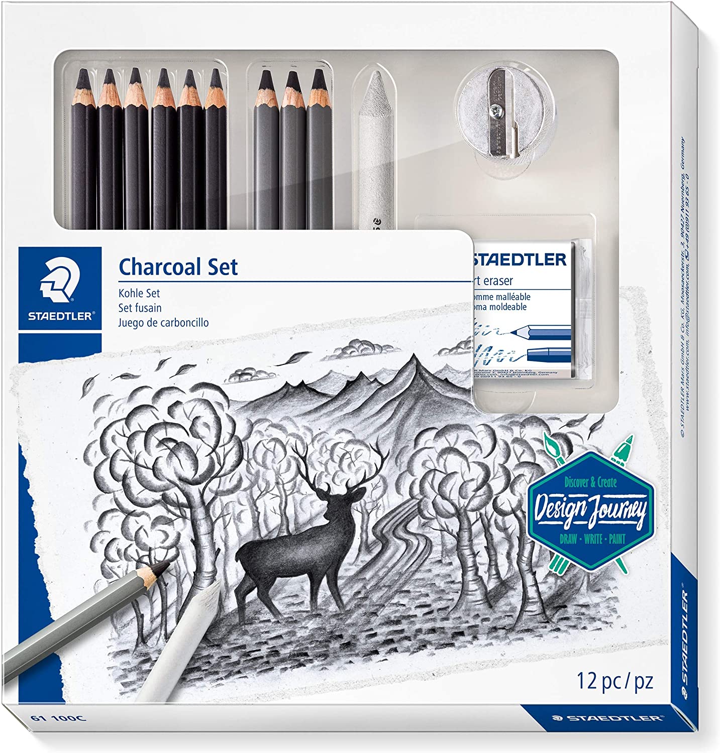 STAEDTLER 61 100C Design Journey Charcoal Set - Mixed Charcoal Pencil Set for Drawing Beginners (Pack of 12 Pieces)