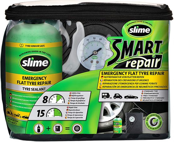 Slime CRK0305-IN Flat Tyre Puncture Repair, Smart Repair, Emergency Kit for Car Tyres, Includes Sealant and Tyre Inflator Pump, Suitable for Cars and Other Highway Vehicles, 15 Min Fix