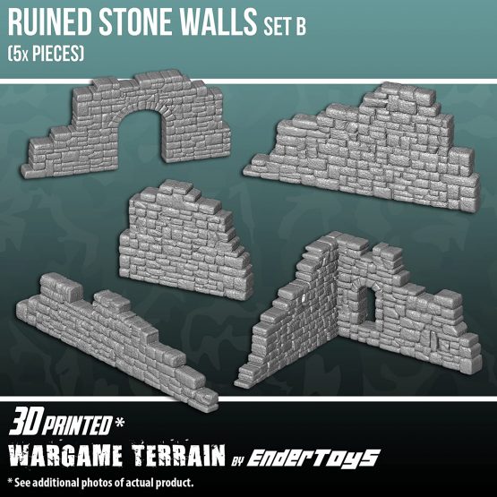 EnderToys Ruined Stone Walls Set B, Terrain Scenery for Tabletop 28mm Miniatures Wargame, 3D Printed and Paintable