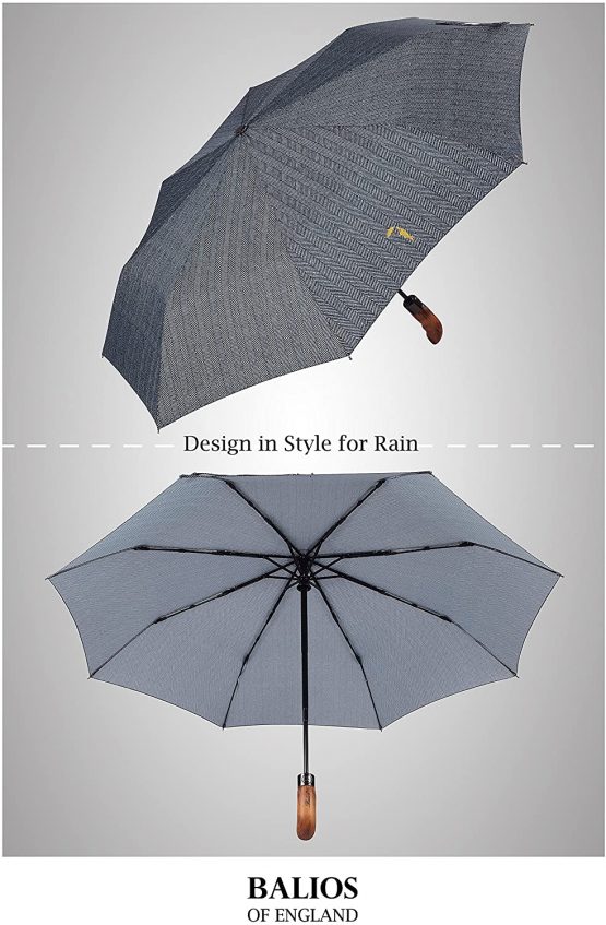 Balios Travel Umbrella Wood Handle Auto Open Close Single Canopy Herringbone - Image 3