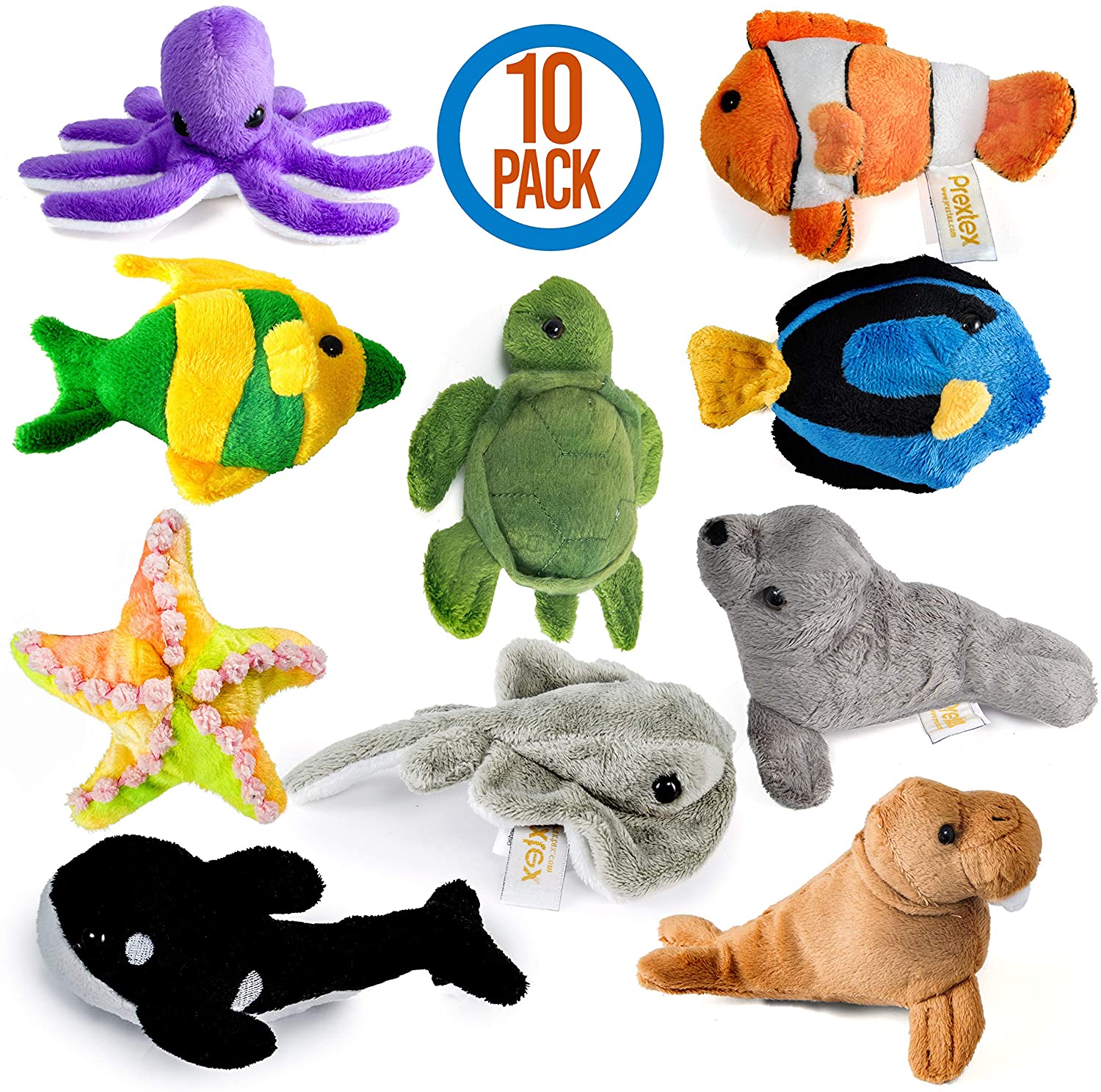 Prextex 10 Piece Plush Soft Stuffed Sea Animals Playset Plush Sea Life ...