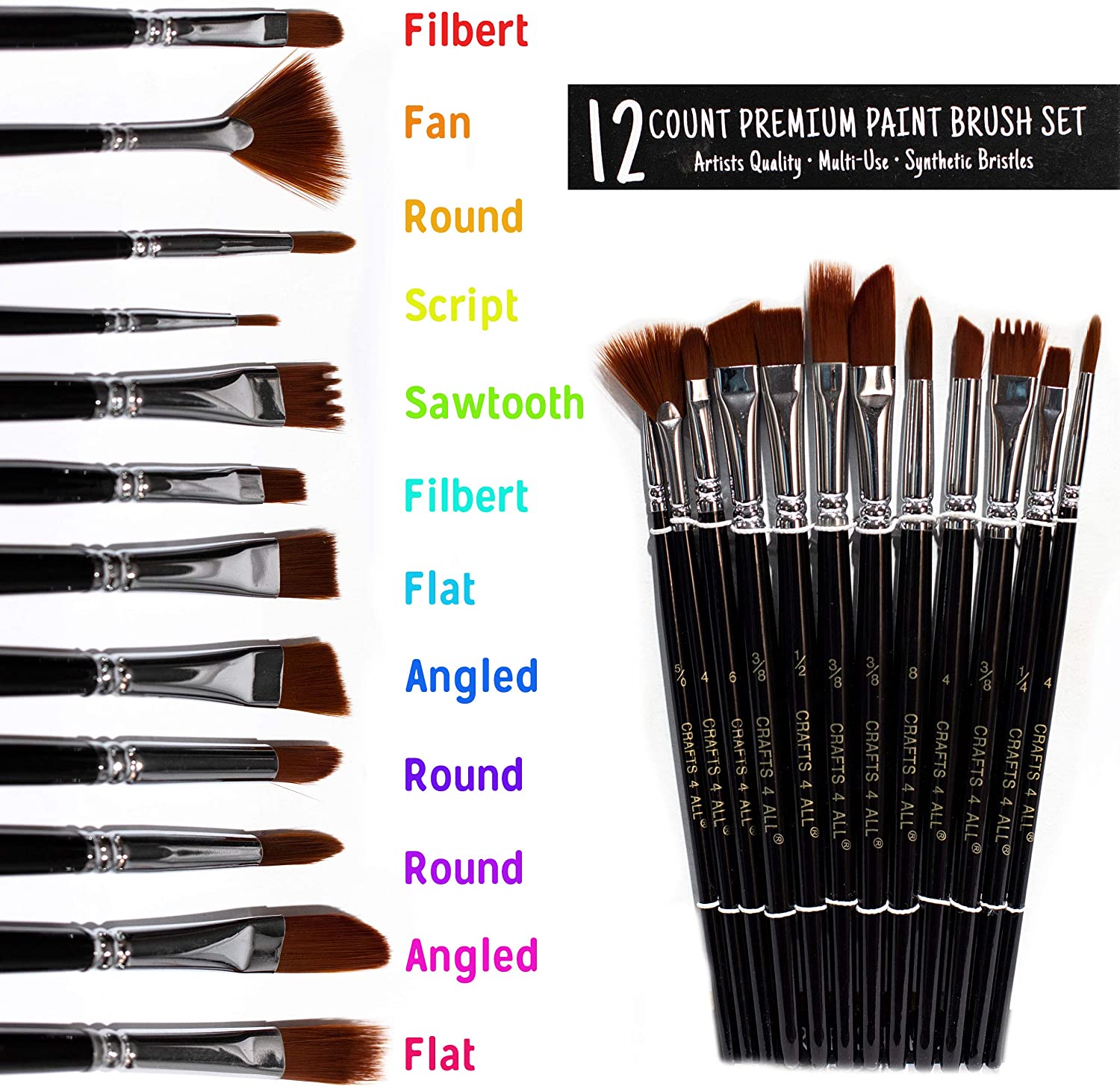 Crafts 4 All Paint Brushes 12 Set Professional Paint Brush Round Pointed Tip Nylon Hair Artist Acrylic Brush for Acrylic Watercolor Oil Painting - Image 3
