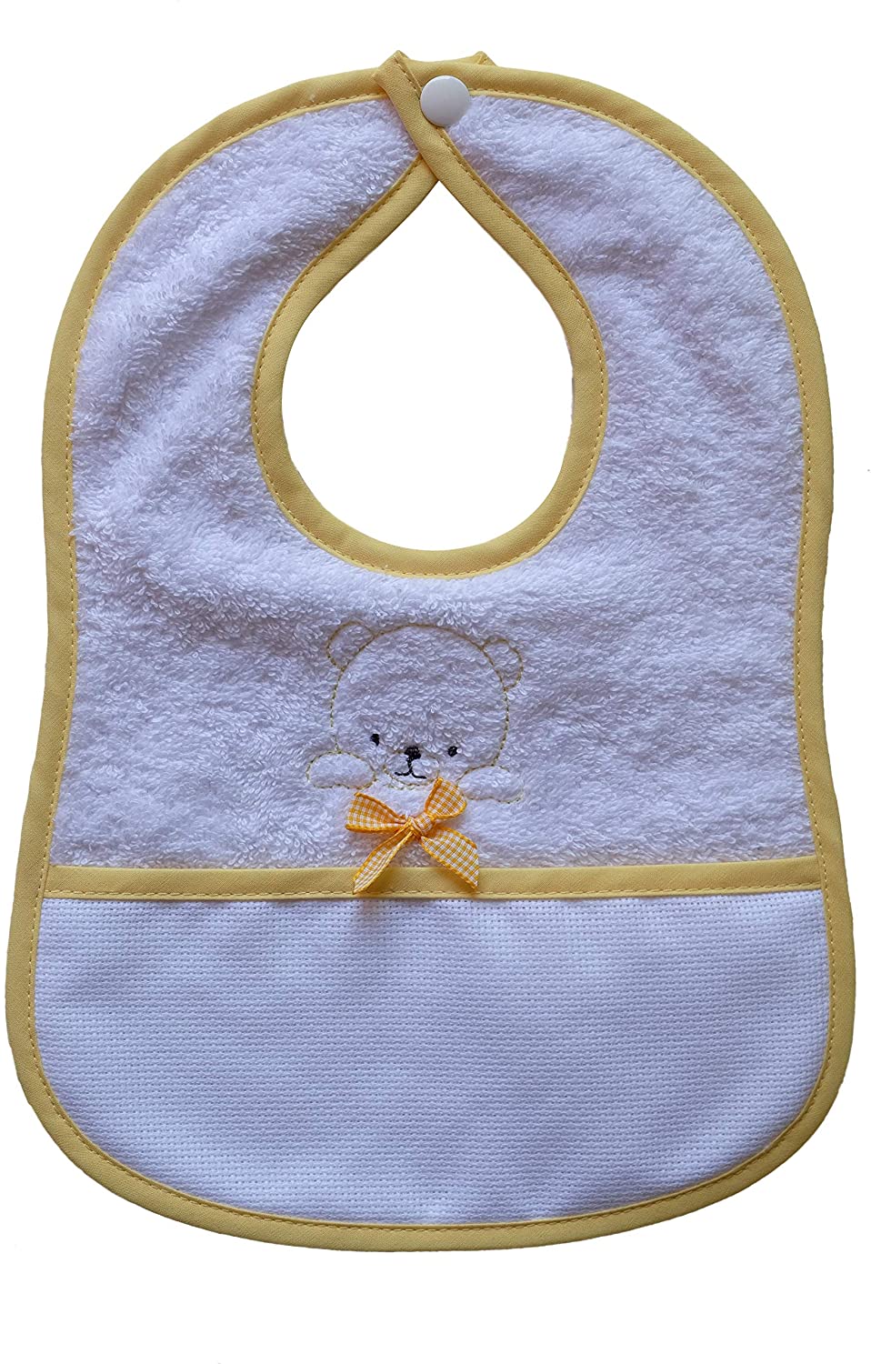FILET - AM283G Baby Bib with Teddy Motif and Press Stud, Color Yellow, from 6 Months Toddler, 34 cm x 23.5 cm