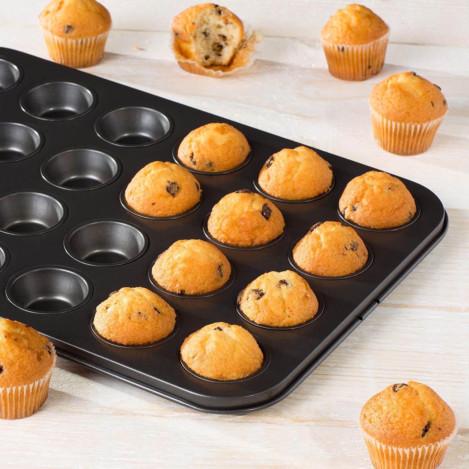 Prochef Teflon Non-Stick Premium Coated 24 Mini Cup Muffin Tray, Length 38cm x Width 26cm, Black - Image 2