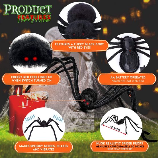 THE TWIDDLERS - Giant Black Spider, 50 in/127cm - Huge Hairy Realistic Shakes & Squeaks, Spooky Garden Halloween Decoration for Indoor & Outdoor Decor - Image 2