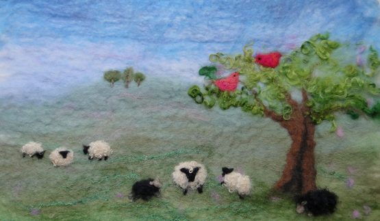 Artfelt sheep landscape picture felt kit, a carefully designed craft kit to make a felted picture with tree and birds