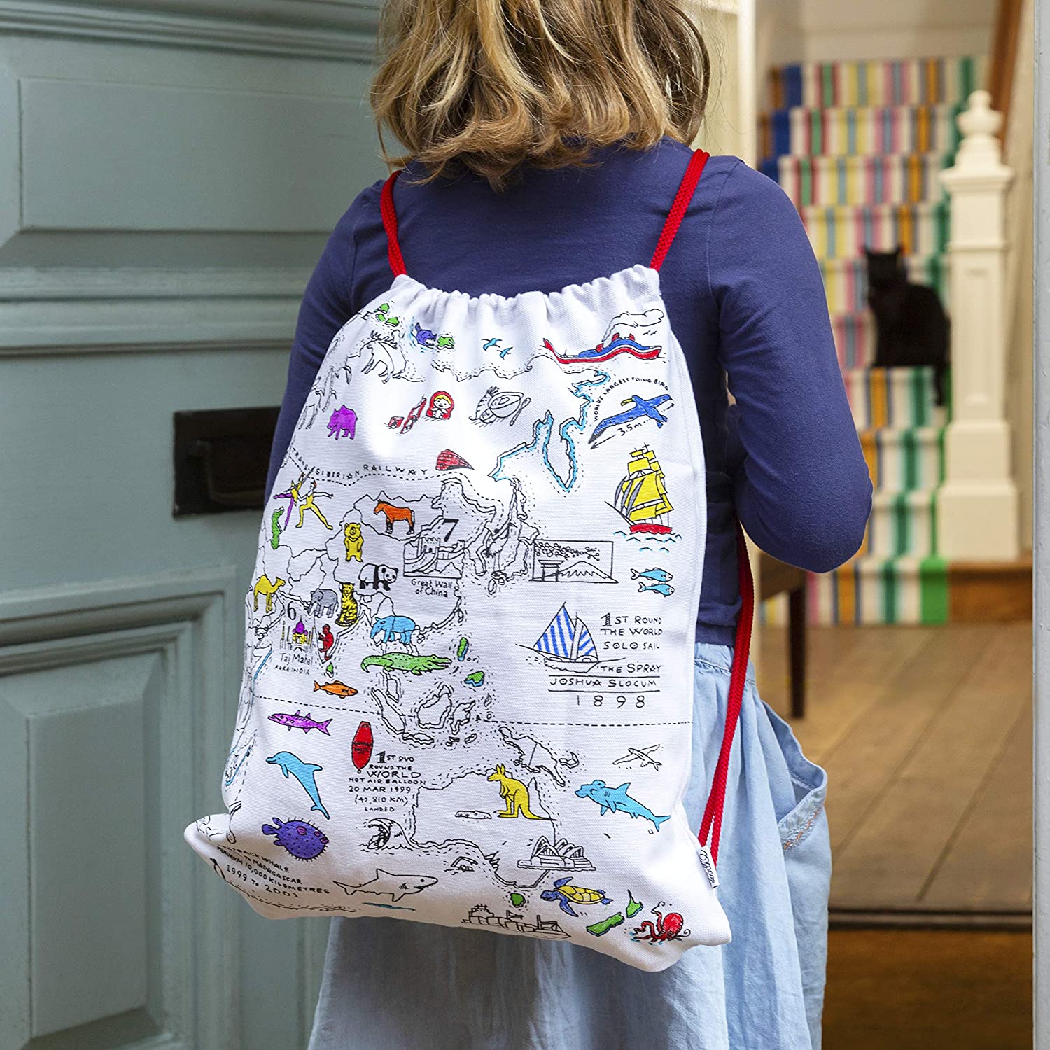 eatsleepdoodle World Map Drawstring Backpack, Colour Your Own Map Backpack - Image 2