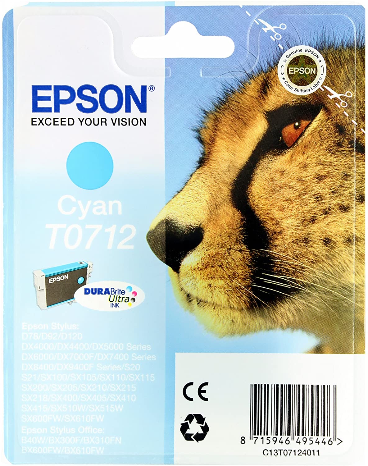 Epson T0712 Cheetah Cyan, Genuine, DURABrite Ultra Ink, Standard