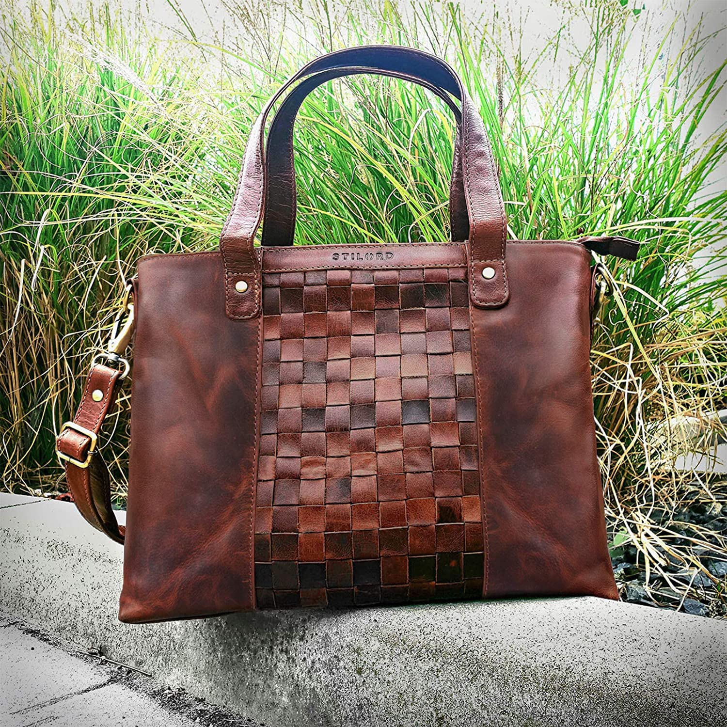 STILORD "Mara" Elegant Vintage Hand Bag Woven Leather for Women Shoulder Bag Weave Braided for 13,3'' MacBooks Buff Leather Colour:Siena - Image 2