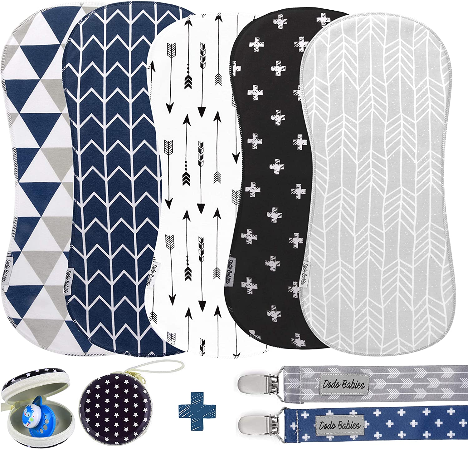 Dodo Babies 5-Pack Baby Burp Cloths, Soft, Absorbent Cotton Burp Cloths, Includes Pacifier Case And 2 Pacifier Clips - Image 2