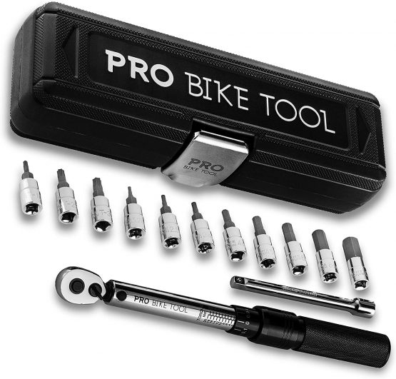 Pro Bike Tool 1/4 Inch Drive Click Torque Wrench Set – 2 to 20 Nm – Bicycle Maintenance Kit for Road & Mountain Bikes - Includes Allen & Torx Sockets, Extension Bar & Storage Box (Silver)
