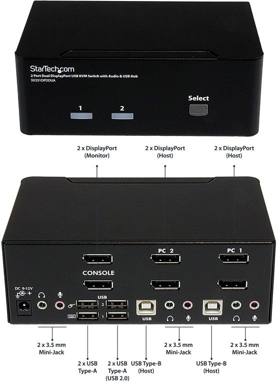 StarTech Dual Monitor DisplayPort KVM Switch - 2 Port - USB 2.0 Hub - Audio and Microphone - DP KVM Switch (SV231DPDDUA) - Image 4