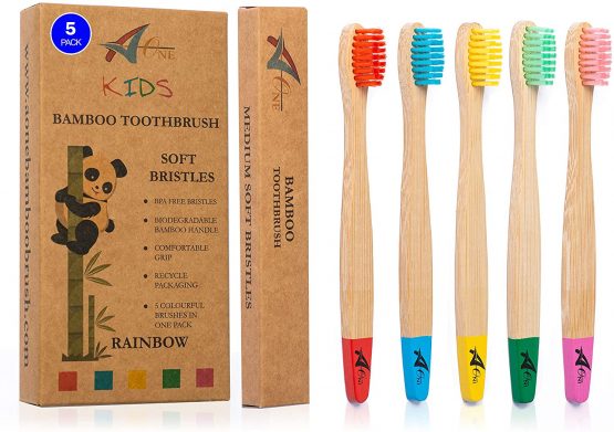 Kids Bamboo Toothbrushes | Organic & Eco-Friendly | 5 Pack in Rainbow Colours | Soft & Gentle BPA-Free Bristles | Children’s Natural Wooden Toothbrush | Biodegradable | Plastic-Free Packaging