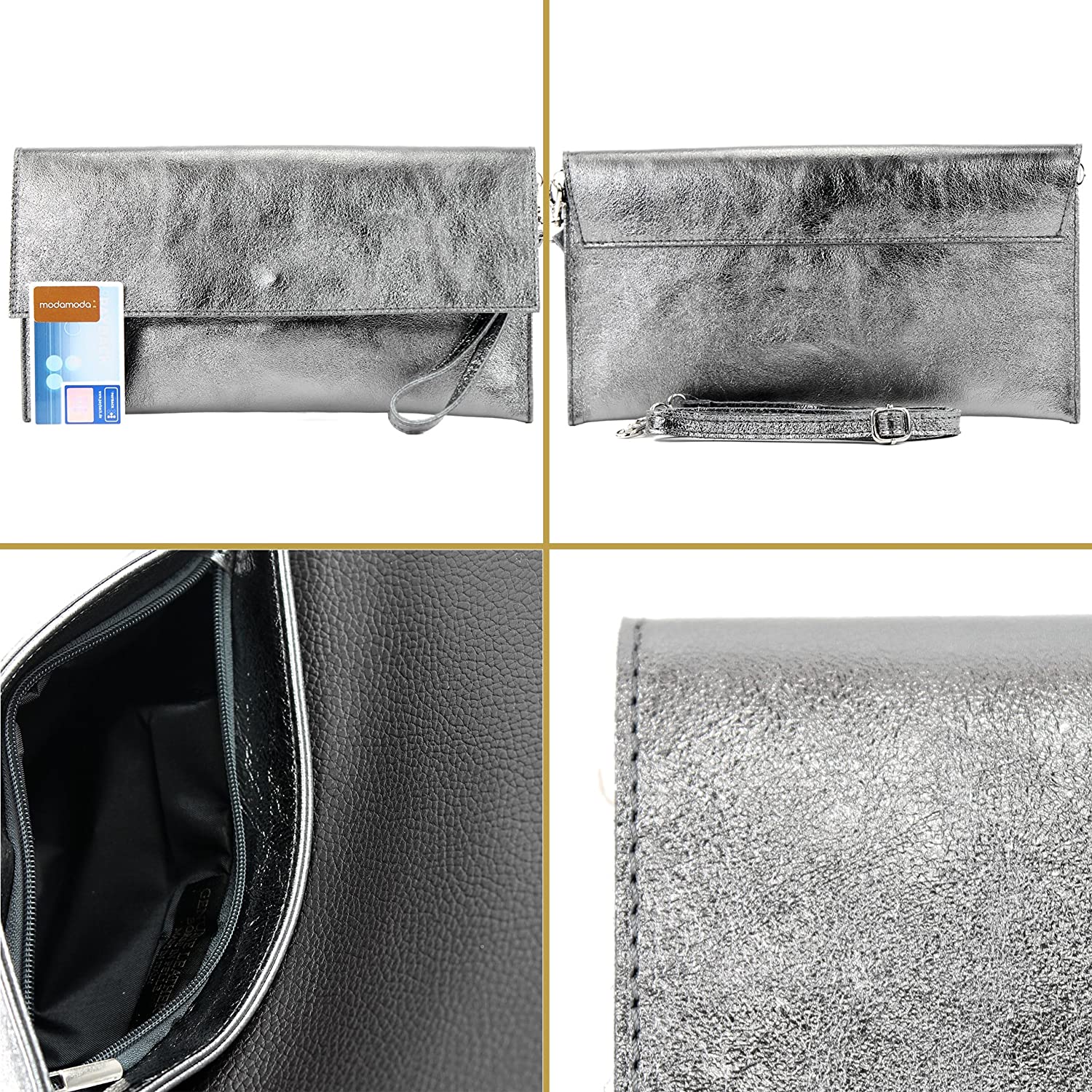 Modamoda de - ital. Leather Bag Clutch Underarm Bag Evening Bag Leather Metallic M106-151, Colour:M151 Dark Red Metallic - Image 4