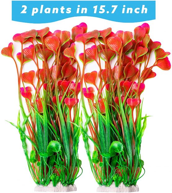 BEGONDIS 2 Pcs Artificial Water Plants, Fish Tank Aquarium Decorations, Made of Soft Plastic, Safe for All Fish & Pets (Large Plant - Red)