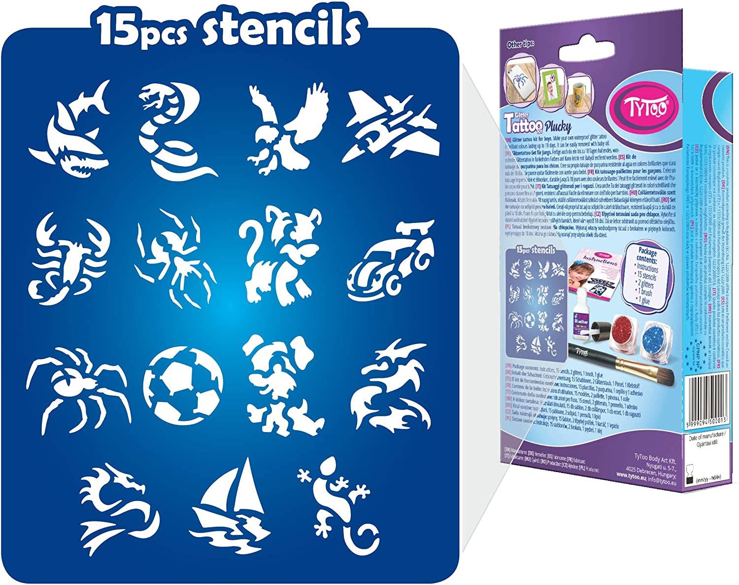 Glitter Tattoo Kit for Boys with 15 amazing stencils - HYPOALLERGENIC AND CRUELTY FREE - 8-18 lasting temporary tattoos - Image 3