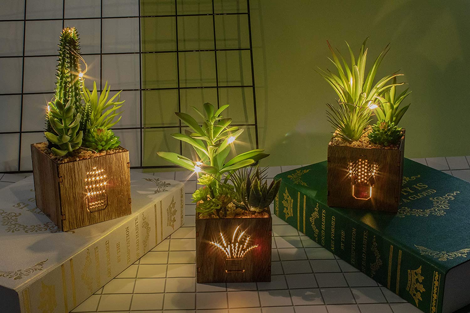 BEGONDIS Set of 3 Artificial Succulents with Led Lights in Wooden Box - Image 3