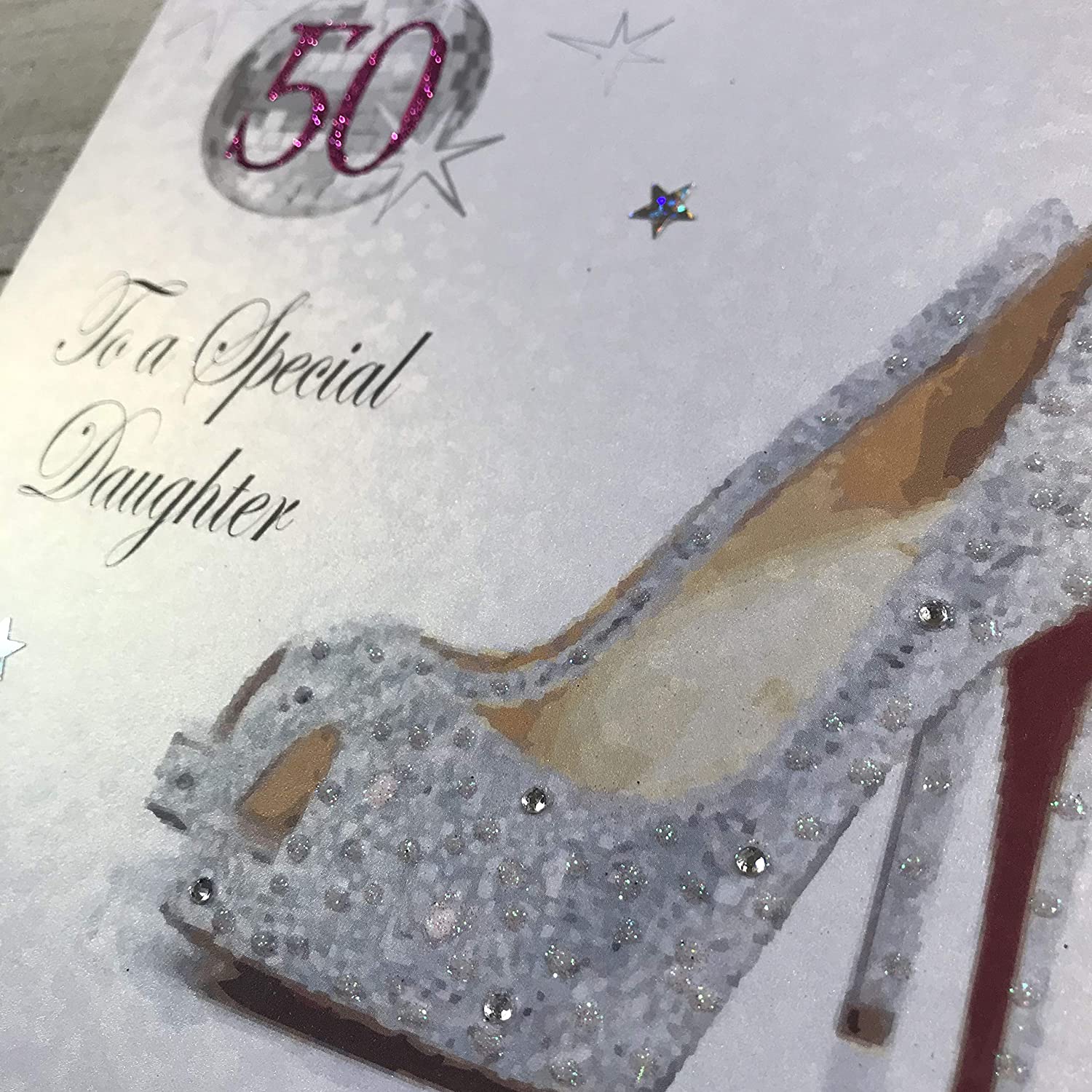 White Cotton Cards Large Glitter Ball & Shoes, 50 to a Special Daughter Handmade 50th Birthday Card, X50D - Image 2