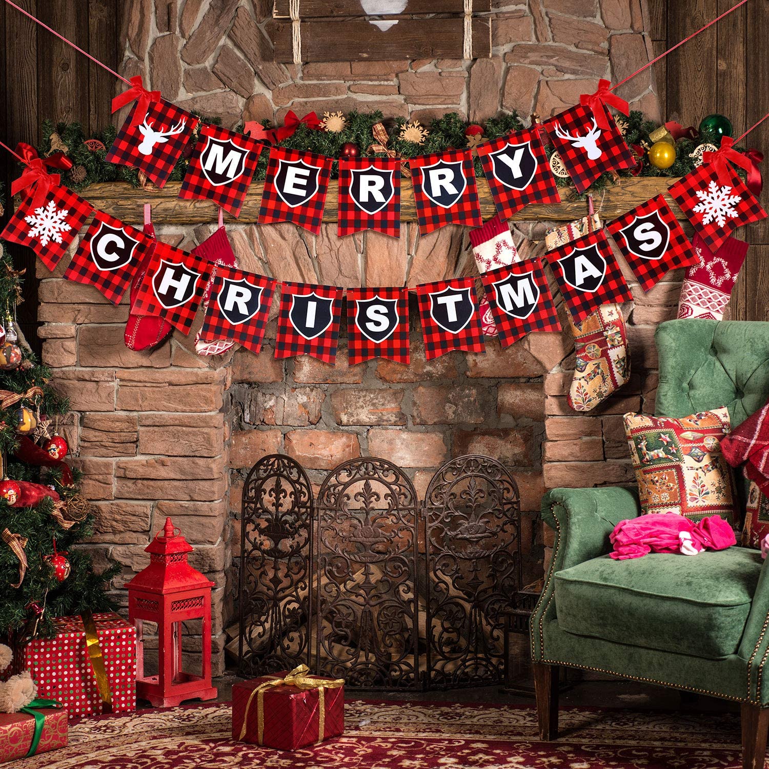 Merry Christmas Banners with Red Bows and Red Black Plaid Snowflake