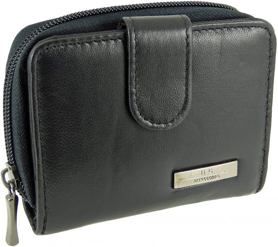 Ladies Small Compact Black Leather Purse with RFID Protection (Black)